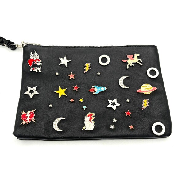 Stradivarius Wristlet‎ Accessory Zipper Bag Sewn Enamel Pins Blk Silver Hardware - Picture 13 of 16